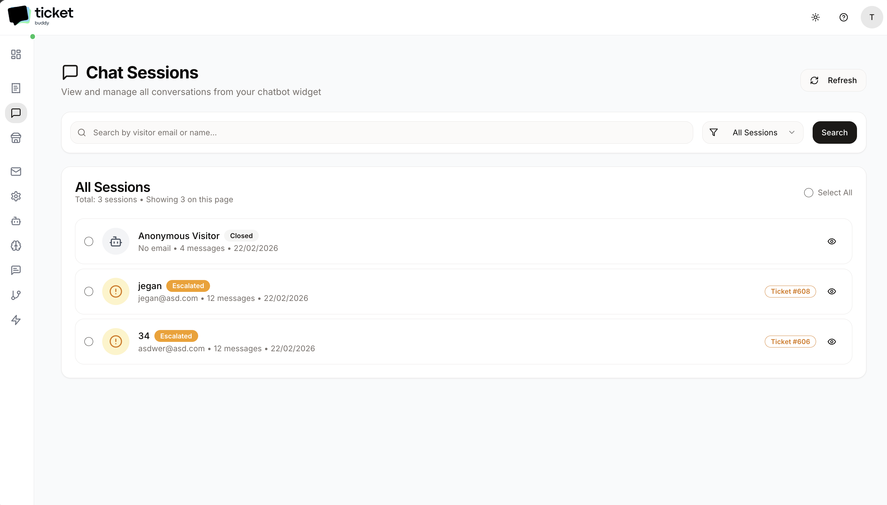 Chat sessions dashboard showing escalated conversations with AI confidence-based handover