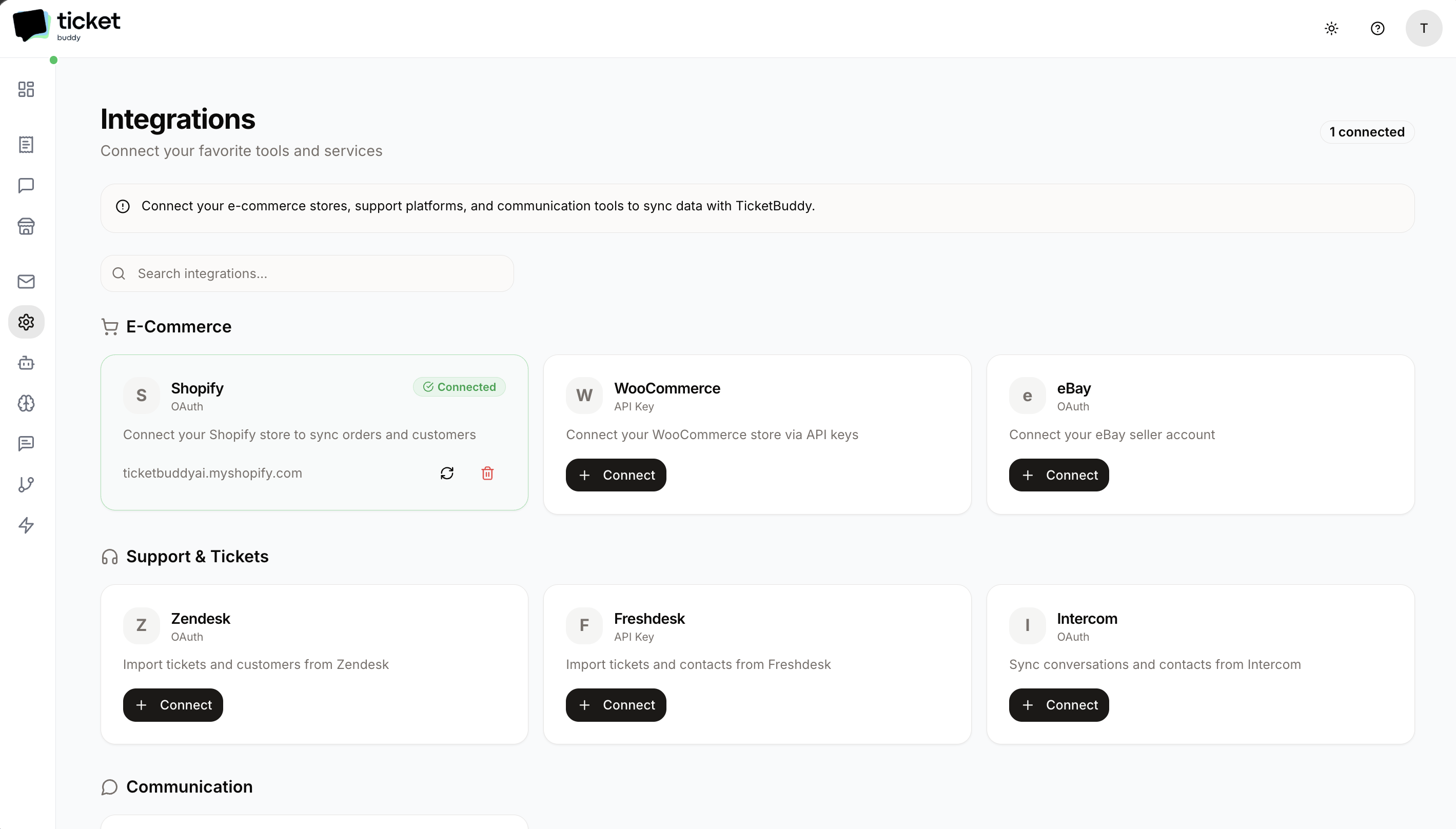 TicketBuddy integrations page showing Shopify, WooCommerce, Zendesk, Freshdesk, Intercom and more