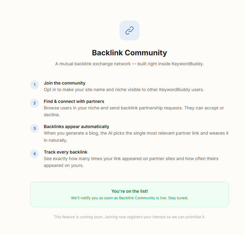 Backlink community dashboard showing cross-posting opportunities