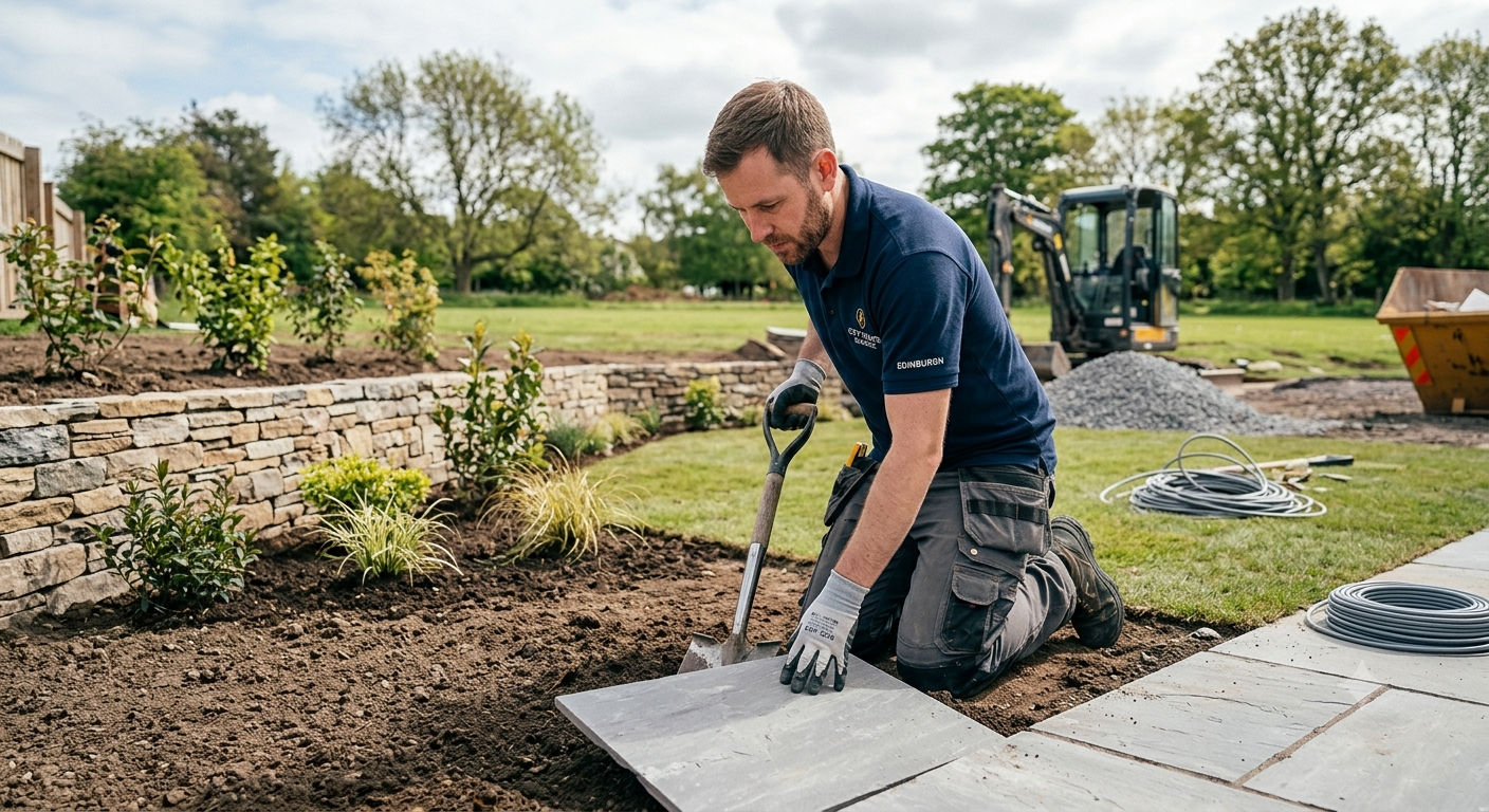 Landscaper laying paving stones in a garden