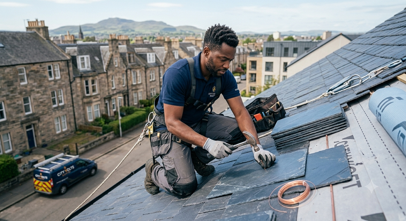 Roofer laying slate tiles on a rooftop